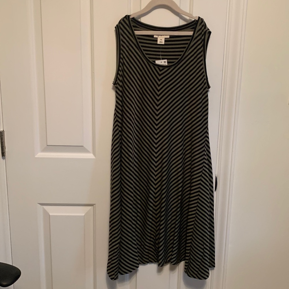 Petite small dress in olive and black stripe print